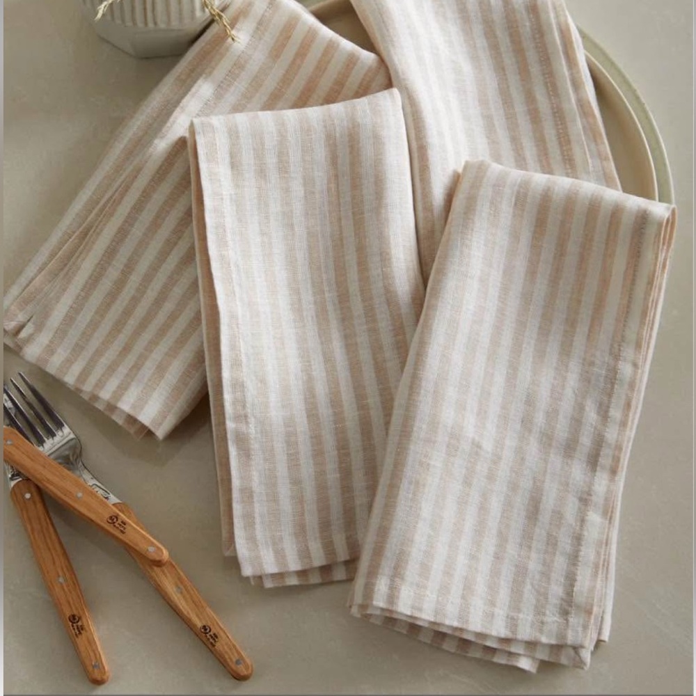 Set of 12 European Linen Natural/White Stripe Napkins